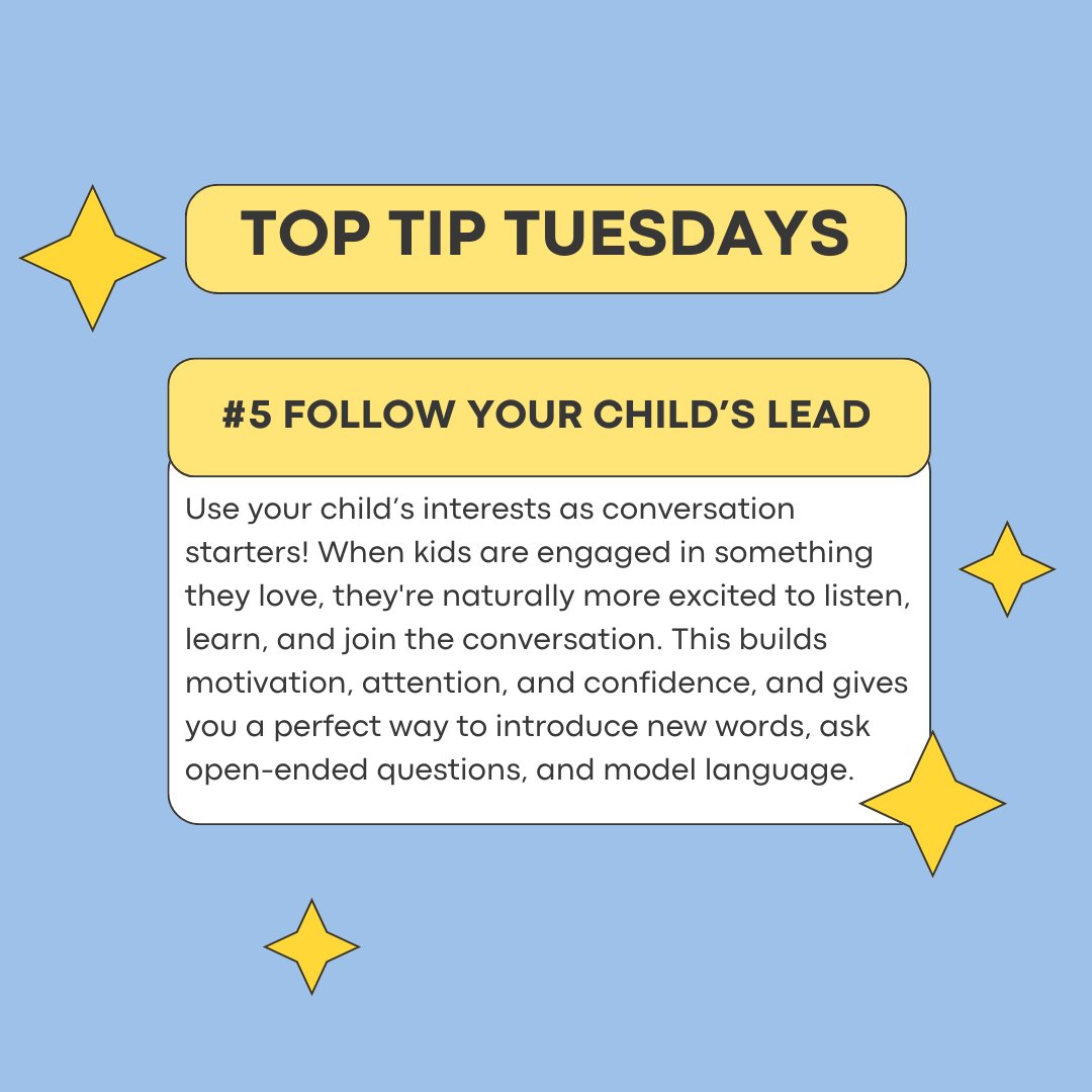 littleTalkSLT's tweet image. ✨ Top Tip Tuesday! ✨
This week’s tip: Follow your child’s lead!
When kids are doing what they love, they’re more motivated to talk, listen, and learn. 💬💛
Use their interests to spark meaningful conversations and grow their language skills naturally. 🌱
#SpeechAndLanguage