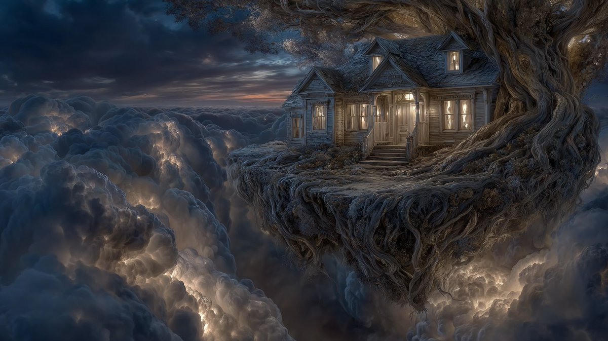 Somewhere between heaven and memory, the house still waits with the porch light on.

#DreamHome #SurrealEscape #FloatingSanctuary #SpaceArt