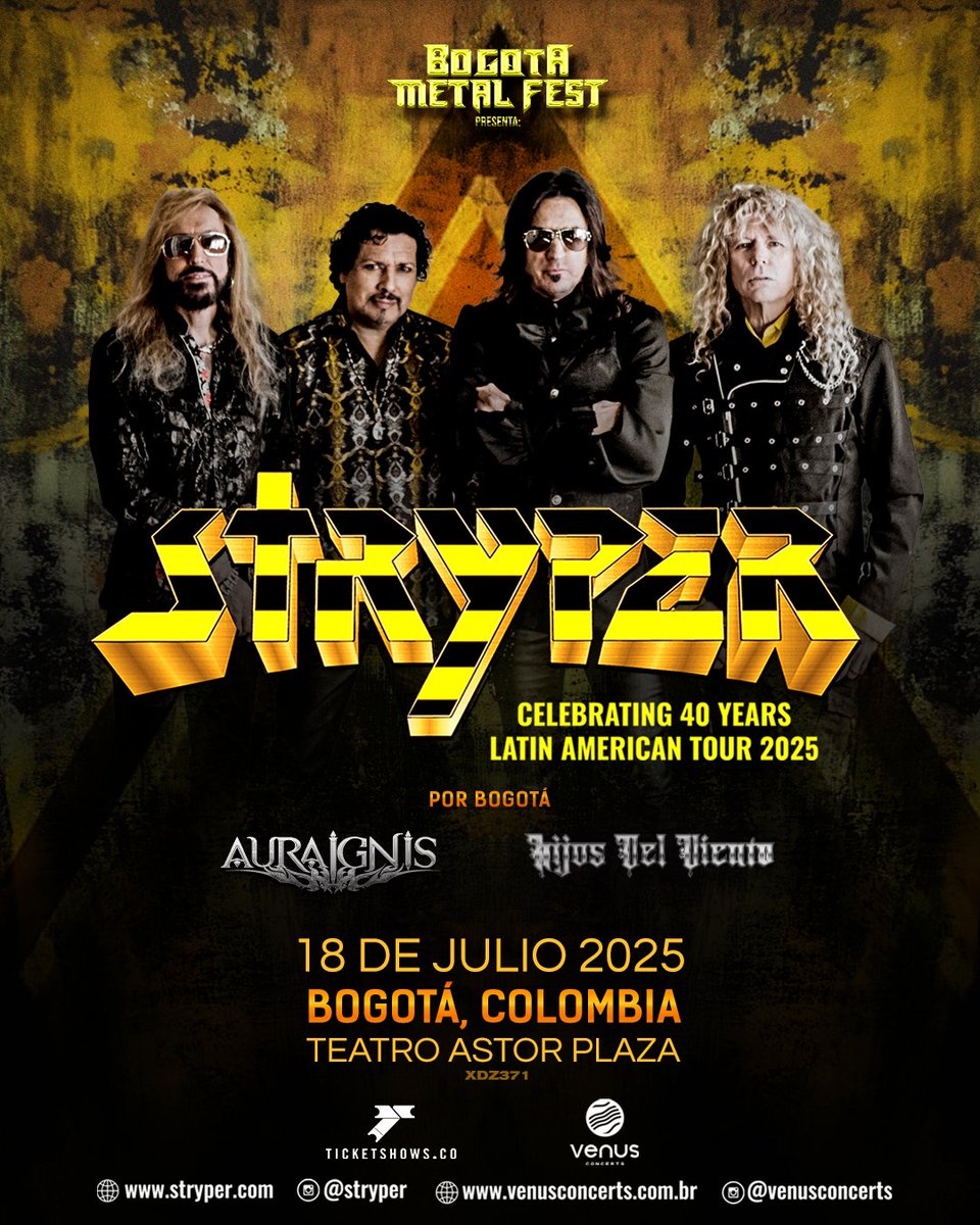 🚨 <a href="/Stryper/">Stryper</a> celebra 40 años de historia y dos bandas bogotanas se suman a la fiesta: @auraignisofficial y <a href="/hijosdelviento/">pablo donnini</a>.music abrirán esta noche legendaria.
📍18 de julio | @teatroastorplaza
🎸 ¡El #HeavyMetal se toma Bogotá!
