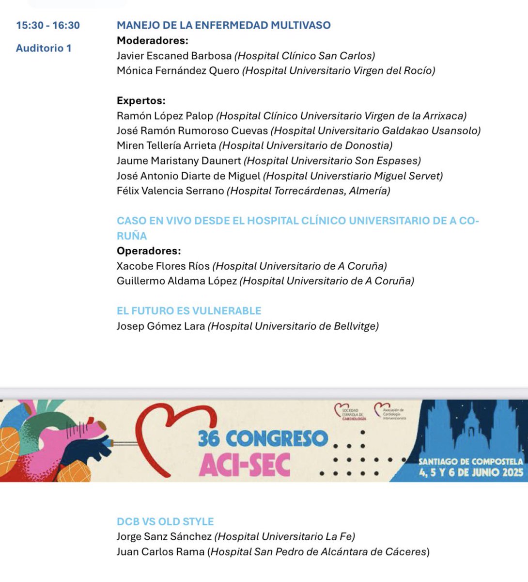 Mónica Fernández Quero (@monicaferqu) on Twitter photo No queda nada para nuestra reunión de la <a href="/shci_sec/">ACI-SEC: Hemodinamica</a> en Santiago de Compostela. No te pierdas la mesa Manejo de la enfermedad multivaso, con un caso en directo y ponencias muy interesantes. <a href="/belcid7/">Belén Cid Alvarez</a> <a href="/JEscaned/">Javier Escaned</a> <a href="/josepgomezlara/">josep</a> <a href="/ramonlopezpalop/">Ramón López Palop</a> <a href="/RumoJose/">Jose Ramon Rumoroso</a> <a href="/FelixValencia10/">Felix Valencia</a> <a href="/MPAOSS/">Manuel Pan</a> No queda nada para nuestra reunión de la <a href="/shci_sec/">ACI-SEC: Hemodinamica</a> en Santiago de Compostela. No te pierdas la mesa Manejo de la enfermedad multivaso, con un caso en directo y ponencias muy interesantes. <a href="/belcid7/">Belén Cid Alvarez</a> <a href="/JEscaned/">Javier Escaned</a> <a href="/josepgomezlara/">josep</a> <a href="/ramonlopezpalop/">Ramón López Palop</a> <a href="/RumoJose/">Jose Ramon Rumoroso</a> <a href="/FelixValencia10/">Felix Valencia</a> <a href="/MPAOSS/">Manuel Pan</a>