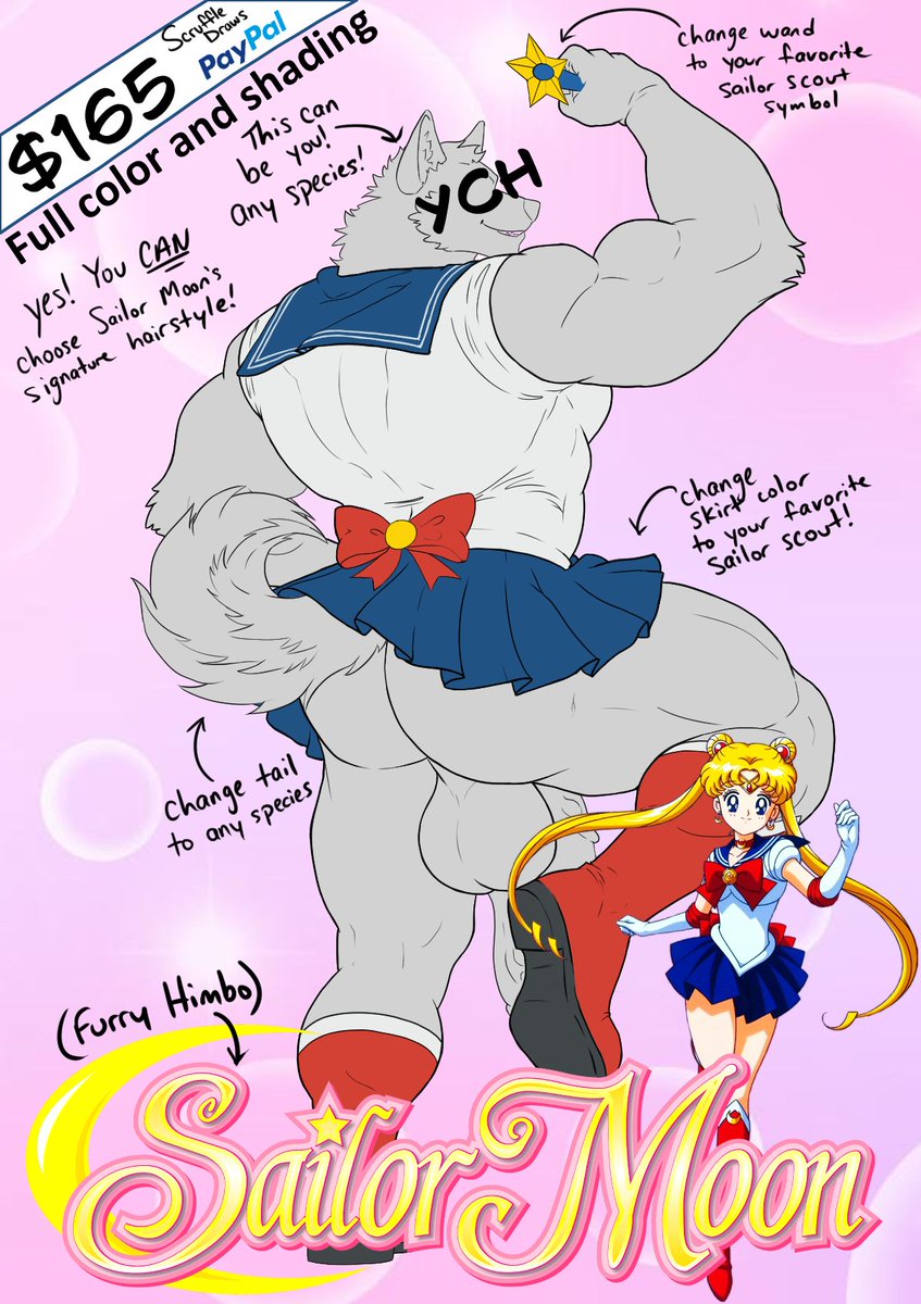 It's a Furry Himbo Sailor Moon YCH!! 🌙✨ Live your dream of being a Sailor Scout!  
$165 per character (details and terms in comments below) 
DM me to order 
Comment with questions 
Share and like to support an artist 🙏🧡 
Want me to make a plus sized version for big guys?