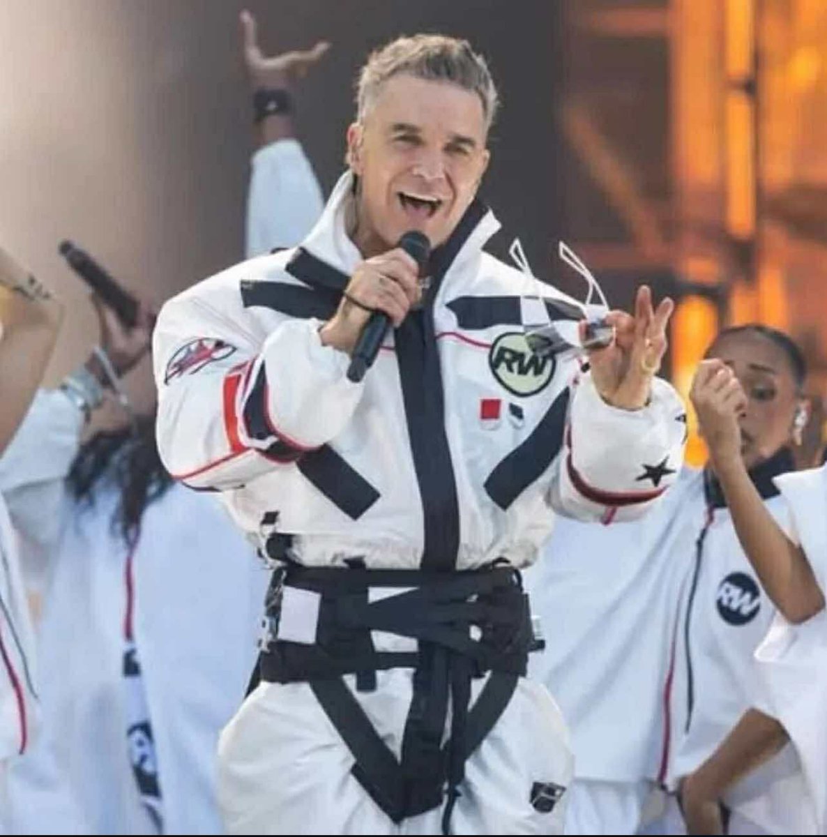 Robbie Williams in a space suit made by my son and his partner Georges company Agro Studio..
