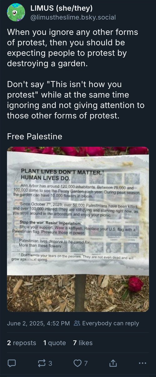 trashqueenquill's tweet photo. Fuck it, this is now my drama acct.

I'm going to say "this isn't how you protest," because this literally isn't how you fucking protest.

How does destroying a random ass garden, or destroying buildings help the Palestinians?! This is the same brainrot Just Stop had https://t.co/06Cix8qQhQ