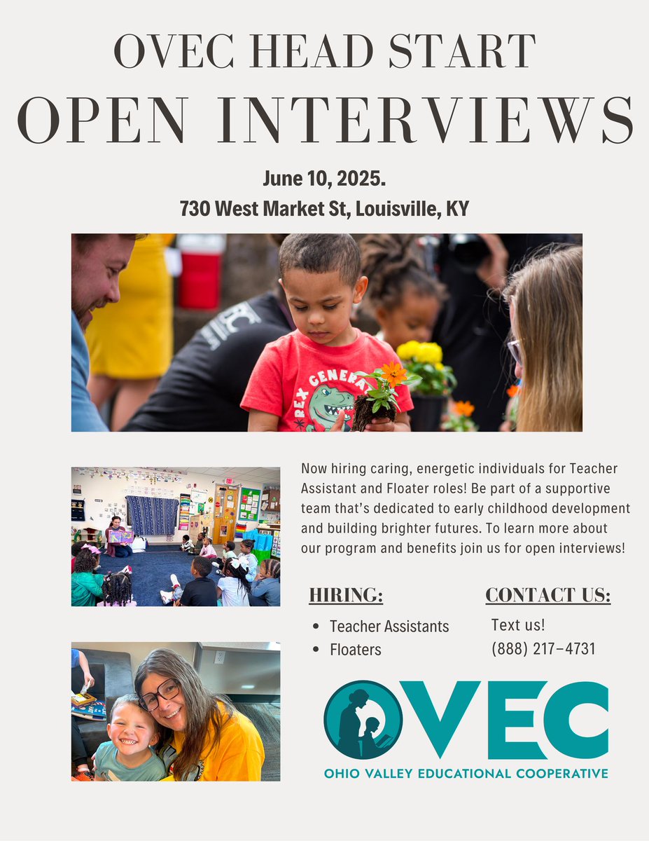 Open Interviews just one week away! Join us at our W Market Street branch📍from 11:00 AM to 2:00 PM on June 10th.
OVEC Head Start is searching for Teacher Assistants and Floaters! Text us for more details: (888) 217-4731