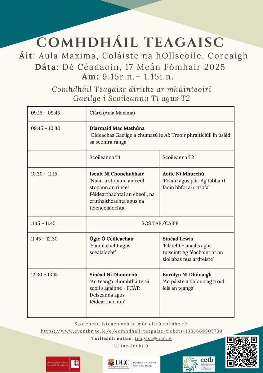 Nua Ghaeilge UCC (@nuaghaeilgeucc) on Twitter photo 📢Comhdháil Teagaisc dírithe ar mhúinteoirí Gaeilge i Scoileanna T1 agus T2
🗓️17 Meán Fómhair 2025
📌Aula Maxima, Coláiste na hOllscoile, Corcaigh <a href="/UCC/">UCC Ireland</a>
Clárú: eventbrite.ie/e/comhdhail-te…
Tuilleadh eolais: teagasc@ucc.ie
Fáilte roimh chách! <a href="/gaeilgel/">Ionad na Gaeilge Labhartha, UCC</a> <a href="/CorkETB/">CorkETB🇮🇪🇪🇺</a> <a href="/CoggOid/">COGG Oideachas</a> <a href="/CACSSS1/">UCC Arts, Celtic Studies and Social Sciences</a> 📢Comhdháil Teagaisc dírithe ar mhúinteoirí Gaeilge i Scoileanna T1 agus T2
🗓️17 Meán Fómhair 2025
📌Aula Maxima, Coláiste na hOllscoile, Corcaigh <a href="/UCC/">UCC Ireland</a>
Clárú: eventbrite.ie/e/comhdhail-te…
Tuilleadh eolais: teagasc@ucc.ie
Fáilte roimh chách! <a href="/gaeilgel/">Ionad na Gaeilge Labhartha, UCC</a> <a href="/CorkETB/">CorkETB🇮🇪🇪🇺</a> <a href="/CoggOid/">COGG Oideachas</a> <a href="/CACSSS1/">UCC Arts, Celtic Studies and Social Sciences</a>