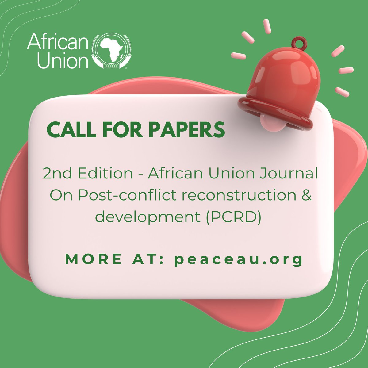 📢CALL FOR PAPERS📜

2nd Edition - <a href="/_AfricanUnion/">African Union</a> Journal on Post-conflict reconstruction &amp; development (#PCRD), Theme: "Peacebuilding in Practice: The Right to Development, Imperative or Impetus".

👉Submit your groundbreaking research &amp; insights today!
🔗peaceau.org/en/article/cal…