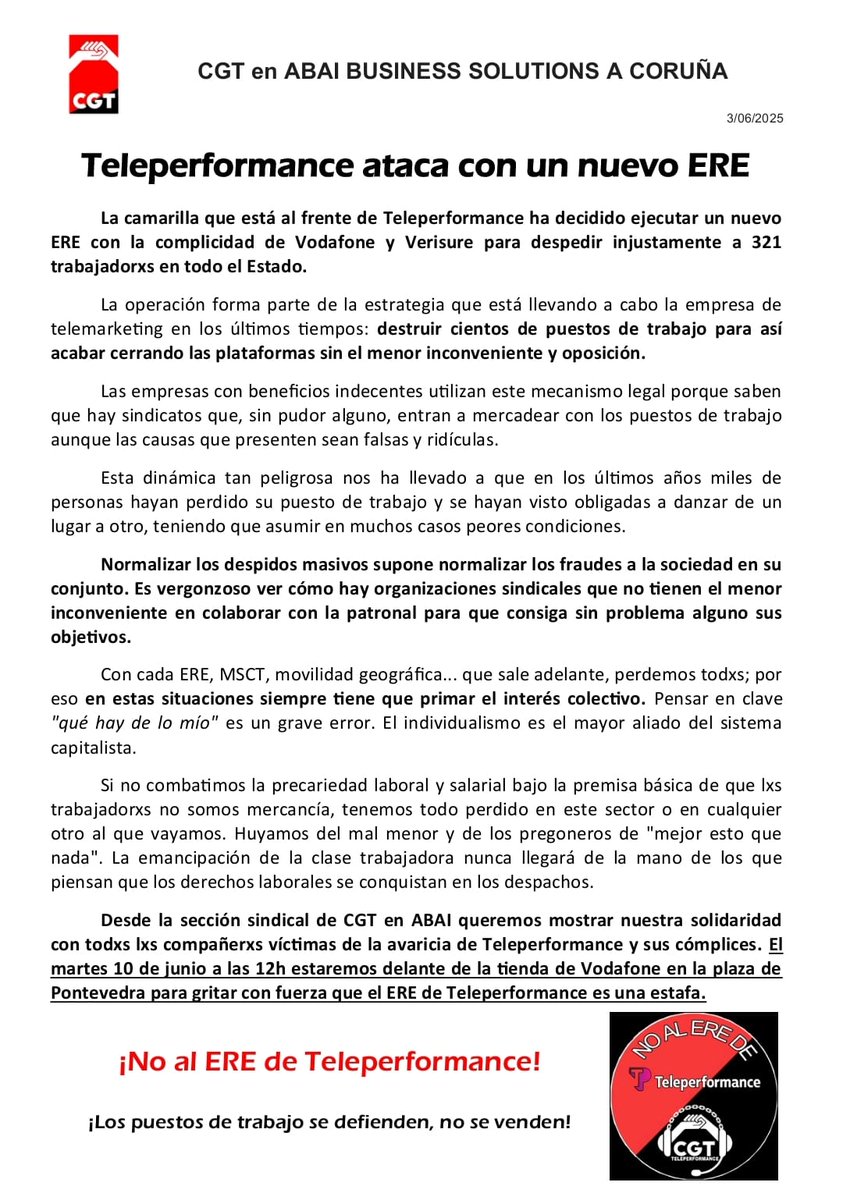 🔴 <a href="/Teleperformance/">TP</a> se inventa un nuevo ERE para despedir a 321 trabajadoras. 

Es una vergüenza que las empresas con beneficios puedan ejecutar EREs y que haya sindicatos que los firmen. 

Toda nuestra solidaridad y apoyo a las compañeras víctimas de la avaricia de la patronal.