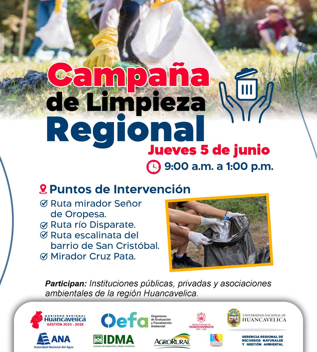 🌍 ¡Huancavelica se une por un futuro verde! ♻️
Este 5 de junio, súmate a la Gran Campaña de Limpieza Regional por el #DíaDelMedioAmbiente.
🕘 09:00 AM
📍 Huancavelica
¡Juntos hacemos la diferencia! 💪🌱
#HuancavelicaLimpia #YakuTarpuy #AcciónAmbiental