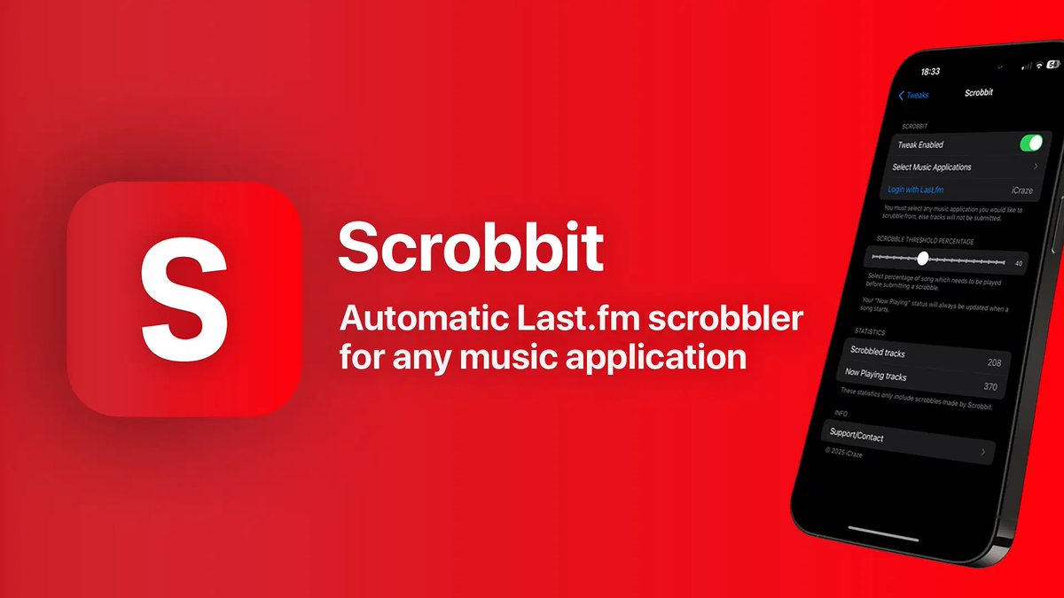 New tweak 👀 

Scrobbit

System-wide lastfm scrobbler for iOS 14+. Supports all music applications

Links below 👇