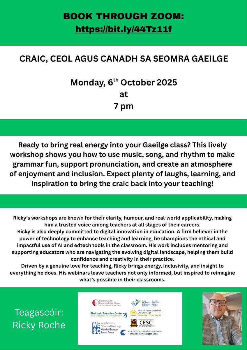 Craic, Ceol agus Canadh sa Seomra Gaeilge – Monday, 6th October 2025 @ 7 pm
Zoom Register in Advance
zoom.us/webinar/regist…
<a href="/ESCItweets/">ESCI</a> <a href="/DalyDympna/">Dr. Dympna Daly</a>