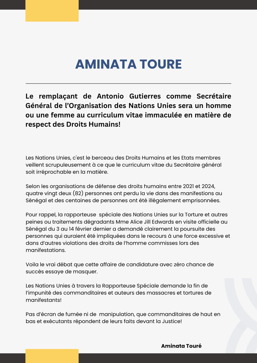 aminatatoureklk's tweet image. Le remplaçant de Antonio Gutierres comme Secrétaire Général de l’Organisation des Nations Unies sera un homme ou une femme au curriculum vitae immaculée en matière de respect des Droits Humains ! 
@ONU_fr  @antonioguterres  #Senegal #Afrique