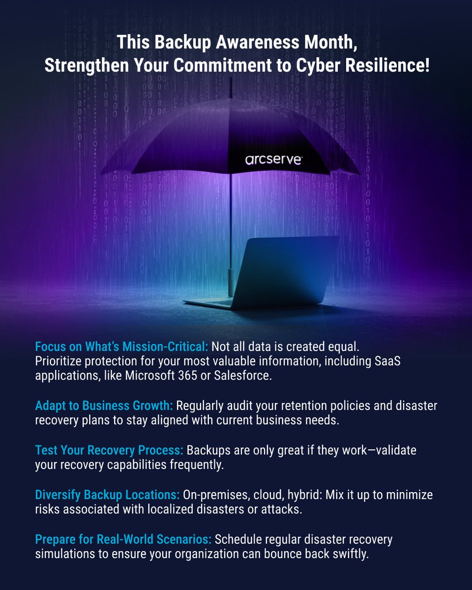 ⚡️Backup Awareness Month is here, let’s start by raising awareness. What’s your best data resilience tip? What would you add to the list below? Share your tips in the comments!

Arcserve is here to help you stay a step ahead 💪
#backupawareness #dataprotection #cyberresilience