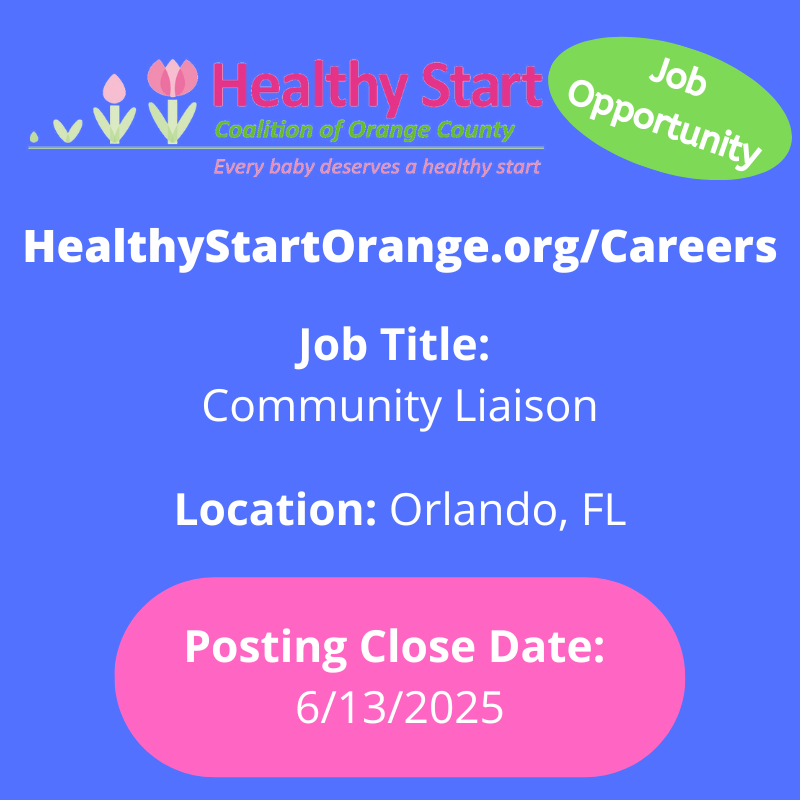 HealthyStartORG's tweet photo. Work with the Healthy Start Coalition of Orange County, Inc.!

JOB TITLE: Community Liaison
LOCATION: Orlando, FL
CLOSE DATE: 06/13/2025
APPLY: https://t.co/QPpH22Bp57

#Orlando #nowhiring #OrangeCountyFL #HealthyStartOrange #hiring #jobsearch https://t.co/6vFzPlmXze
