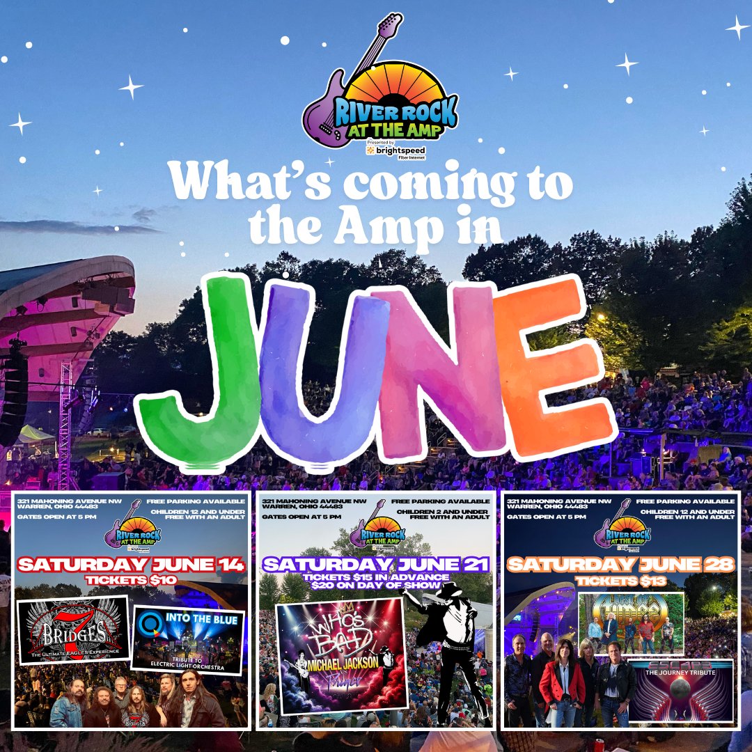 WE'RE HEATING UP WITH 3 AWESOME SHOWS THIS MONTH riverrockattheamp.com

JUNE 14 Into the Blue ELO Tribute &amp; <a href="/7bridgesband/">7 Bridges</a> Ultimate EAGLES Experience

JUNE 21 ULTIMATE PRINCE TRIBUTE &amp; <a href="/whosbadmusic/">Who's Bad</a> #1 Michael Jackson Tribute

JUNE 28 Best of Times STYX Tribute &amp; <a href="/E5C4P3JrnyTrib/">E5C4P3</a>
