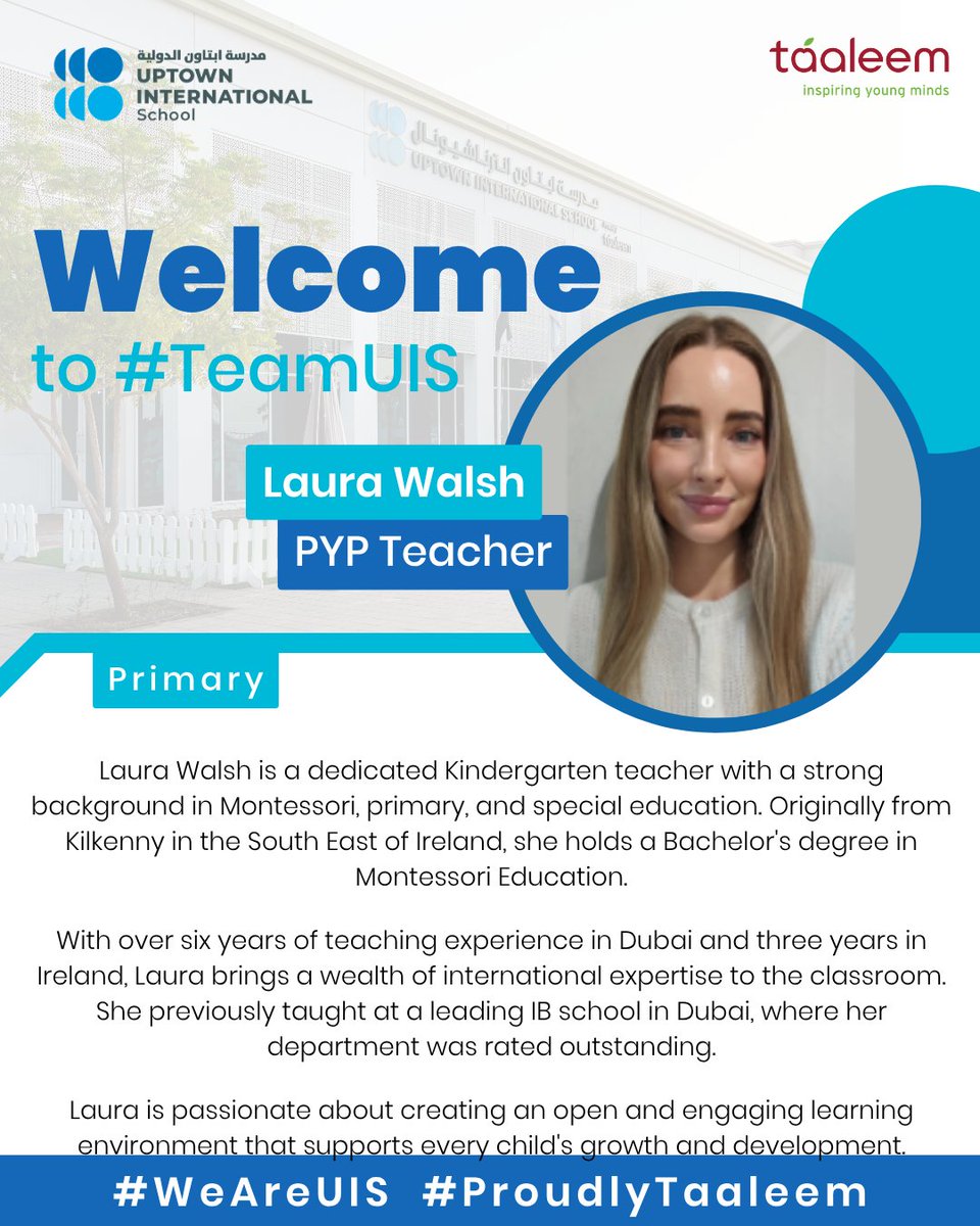 UISDubai's tweet image. Welcome to #TeamUIS Laura Walsh!
Laura is a dedicated primary teacher with a strong background in Montessori education. She has over six years of experience in Dubai at a leading premium IB school. Welcome to the team!
#WeAreUIS #ProudlyTaaleem