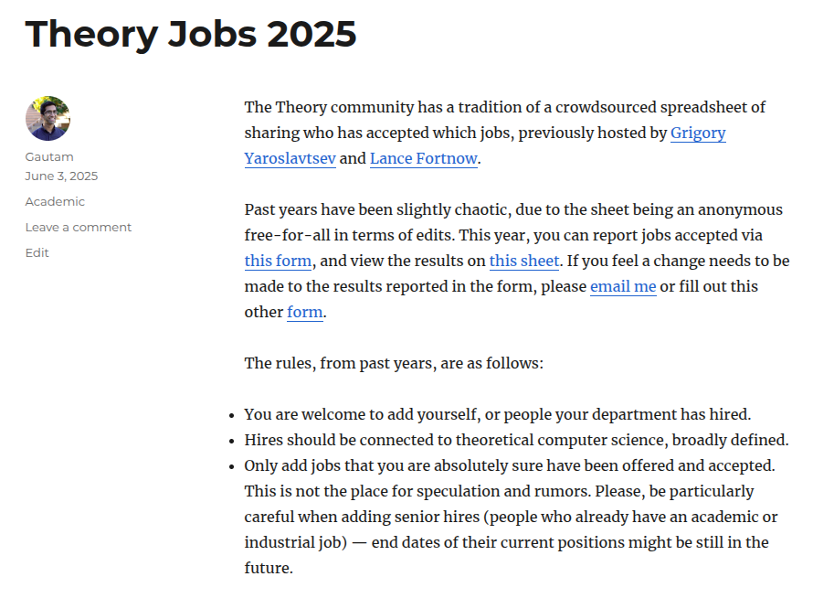 It's time for the Theory Jobs spreadsheet for 2025! The theory CS community crowdsources who accepted which jobs every year.

Link in next post 1/2