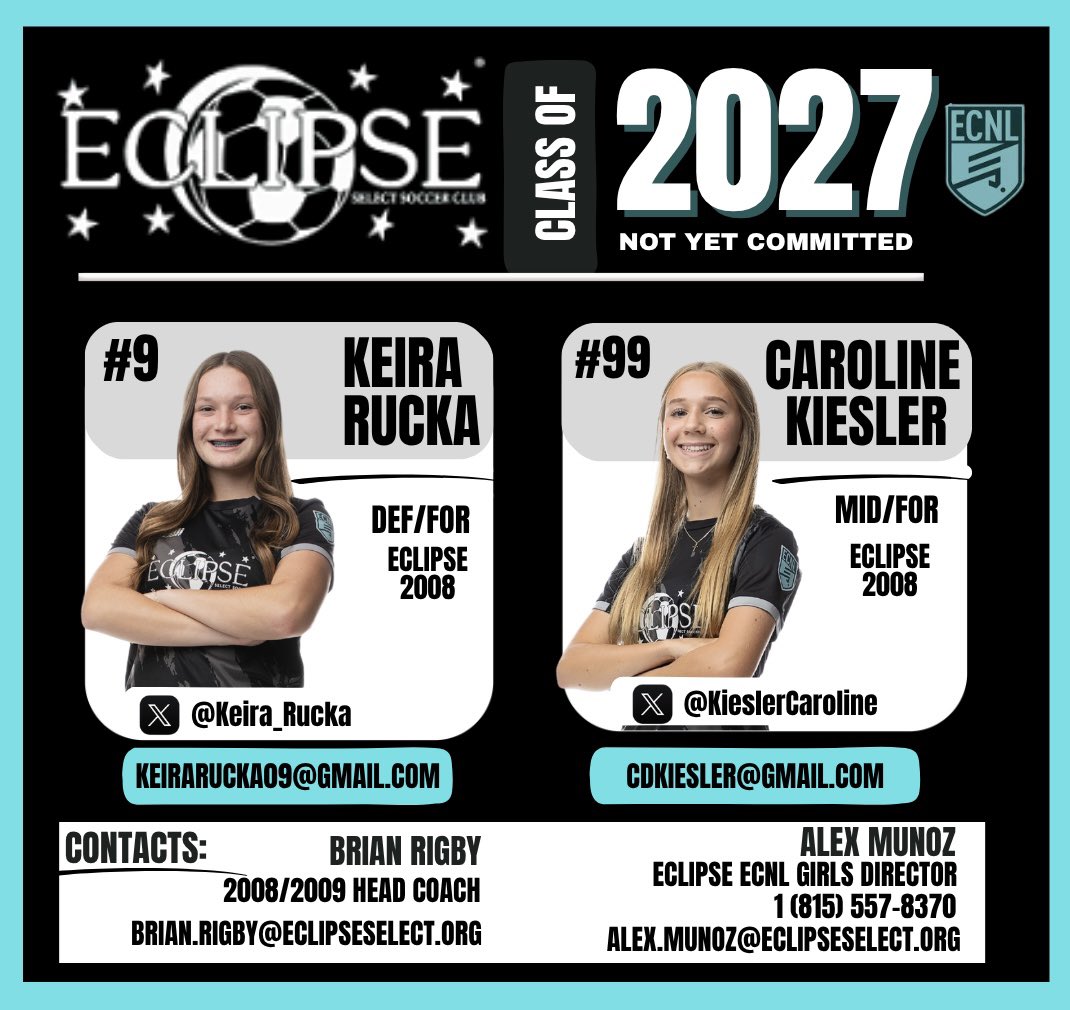 Class of 2026-2027 reintroduction!
• COLLEGE COACHES- Allow us to reintroduce our uncommitted class of 2026-2027!! See you in San Diego!! 
<a href="/EclipseSelectSC/">Eclipse Select SC</a> 
<a href="/ImCollegeSoccer/">College Soccer Truth ™</a> 
<a href="/ECNLgirls/">ECNL Girls</a>