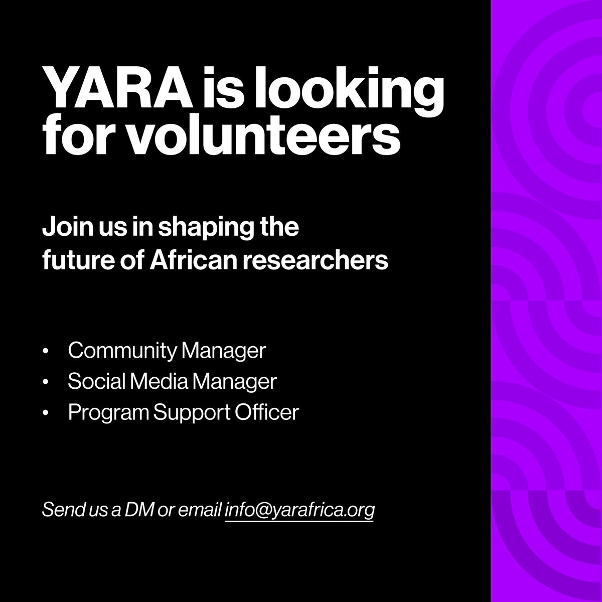 yara_research's tweet photo. @yara_research YARA is looking for volunteers!

Want to shape the future of African research? 

Join us. We’re recruiting for:
🔹 Community Manager
🔹 Social Media Manager
🔹 Program Support Officer

Make impact.Gain experience.Grow your network.

Email:  info@yarafrica.org https://t.co/wBCglIeXn7