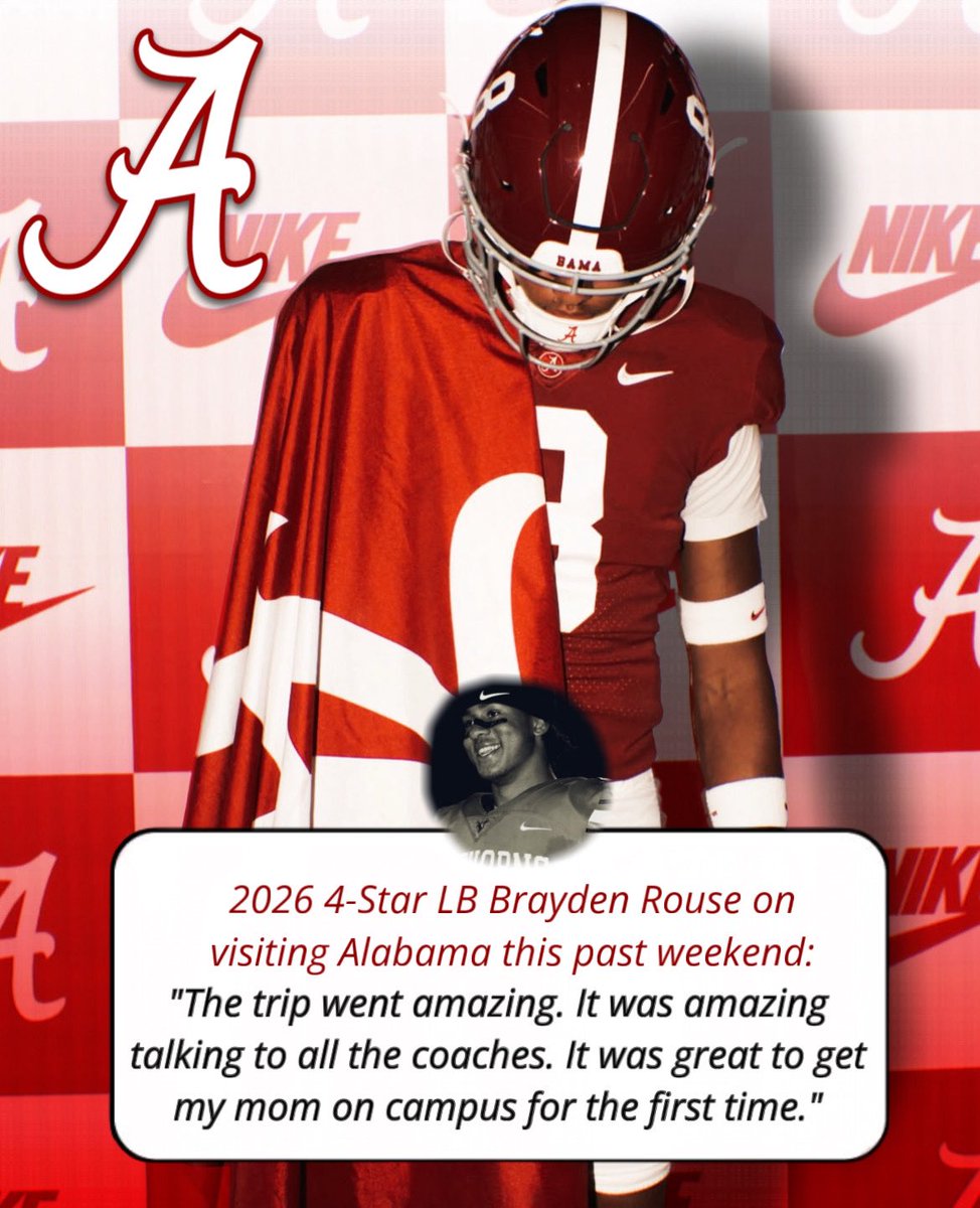 Brody Smoot (@brodysmoot) on Twitter photo 2026 4 βοΈ LB Brayden Rouse (<a href="/BraydenRouse8/">Brayden Rouse β°</a>) is a priority target for the Alabama coaching staff.
He had the following to say regarding his official visit to Alabama this past weekend: 2026 4 βοΈ LB Brayden Rouse (<a href="/BraydenRouse8/">Brayden Rouse β°</a>) is a priority target for the Alabama coaching staff.
He had the following to say regarding his official visit to Alabama this past weekend: