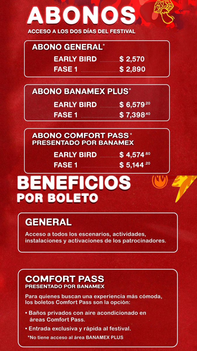ailoviutl's tweet photo. 💳 Pre-Preventa Banamex Priority 💳

🔥 Coca-Cola Flow Fest 🔥
🗓️ 22 y 23 de Noviembre del 2024 🗓️
🏟️ Autódromo Hermanos Rodríguez 🏟️
📍 CDMX 📍 🇲🇽 México 🇲🇽
Link: https://t.co/7N7zQ52Puu

ℹ️ Código ℹ️

*Marcar 55 2262 2570, ingresen su número de cliente, luego opción 1, luego opción 2 e ingresan su contraseña de Audiomático (le pedirán su código al asesor telefónico Banamex)

*El correo con código y link ya les debió llegar a su correo, sino también pueden checar en bandeja de correos no deseados (SPAM) 

*Puedes consultarlo en la sección de ‘Mis Ofertas’ en la APP de Citibanamex 

ℹ️ INFORMACIÓN ℹ️

-El enlace se habilita 8:47 am para que accedan al Lobby (sala de espera) a las 9:00 am inicia la fila virtual 

-Inicia 9:00 am - Finaliza 9:00 PM (aunque podría cerrar antes)

-Límite de compra: 4 abonos

-Acepta pagos con tarjetas de débito/crédito EXCLUSIVAMENTE Banamex

🎟️ Precios de Abonos con Cargos 🎟️

ABONO General Early Bird $3,135.50
ABONO Confort Early Bird $5,581.50
ABONO Plus Early Bird $8,027.50
ABONO Club $14,500

💳 Fechas de Preventas 💳

Venta Beyond: 2 de Junio 9:00 AM
Preventa Priority: 3 de Junio 9:00 AM
Preventa Citibanamex: 4 de Junio 2:00 PM
Venta General: 5 de Junio 2:00 PM

💲 Boletera: Ticketmaster 💲

🎫 Meses sin Intereses 🎫

3 MSI con tarjetas de Crédito Banamex a partir de $3,000 MXN

#CocaCola #FlowFest #FlowFest25 #FlowFest2025 #CocaColaFlowFest #Concert #Concierto #Festival #Music #Música #CDMX #México #Úrbano #CocaColaFlowFest2025 #OCESA