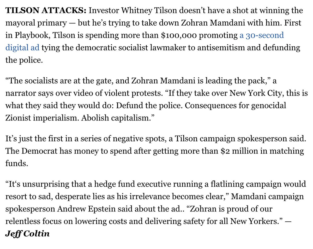 Whitney Tilson (@whitneytilson) on Twitter photo Electing <a href="/ZohranKMamdani/">Zohran Kwame Mamdani</a> will put the anti-police, anti-Israel and anti-capitalist Democratic Socialists of America in power at City Hall.
He and his comrades are an existential threat to our city's future. And I am proud to be the only candidate in this race using my platform Electing <a href="/ZohranKMamdani/">Zohran Kwame Mamdani</a> will put the anti-police, anti-Israel and anti-capitalist Democratic Socialists of America in power at City Hall.
He and his comrades are an existential threat to our city's future. And I am proud to be the only candidate in this race using my platform
