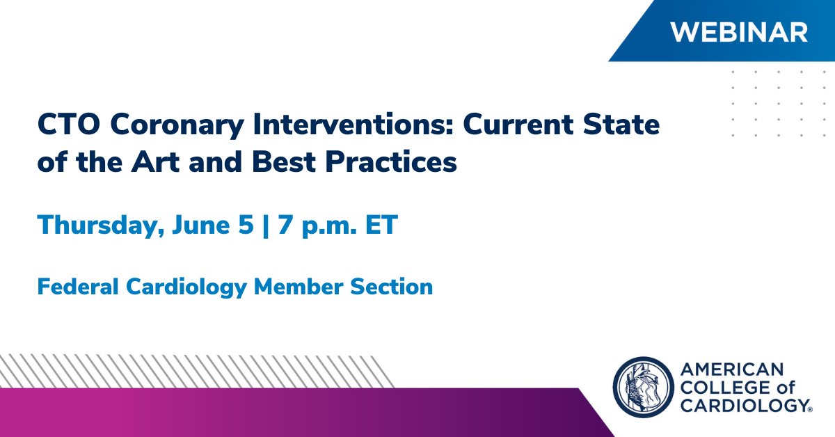 ACCinTouch's tweet photo. Join #ACCCVFed Member Section on Thursday, June 5 at 7 p.m. ET for a webinar discussing mastering chronic total occlusions #PCI, with a focus on Veterans Health Administration patient management.

Learn more and register now ➡️ https://t.co/jMGLE67tb5 https://t.co/9b23YkCpDE
