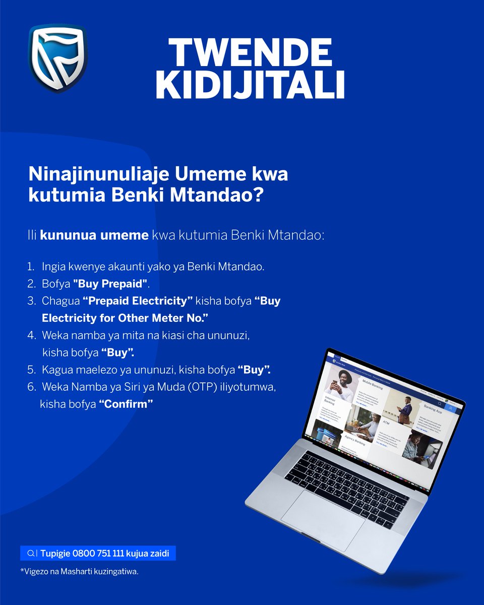 Usisubiri mpaka umeme ukatike!Lipa LUKU kwa njia ya kidijitali kupitia Stanbic na upate nafasi ya kushinda hadi Tsh 100,000 kila mwezi.

#TwendeKidijitali