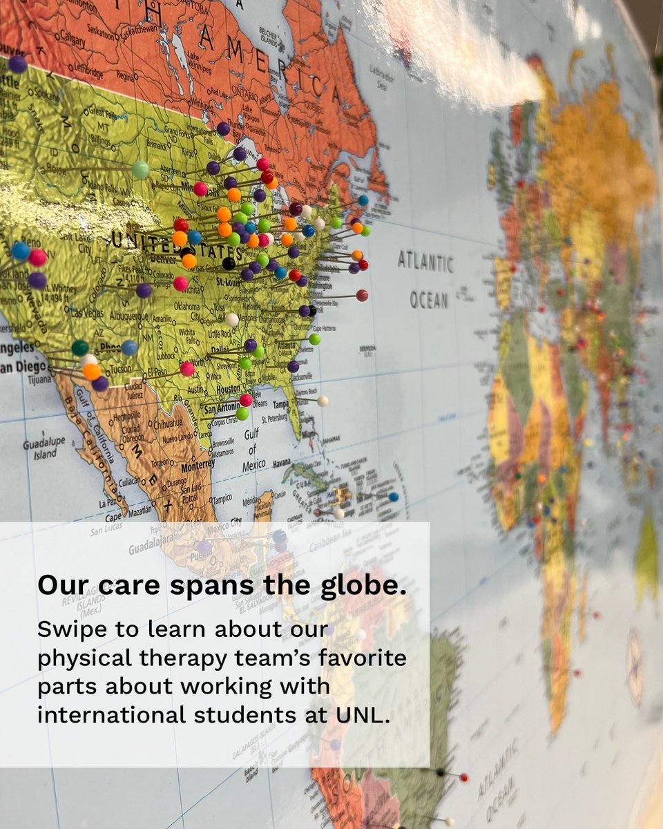 UNLHealthCenter's tweet image. The University Health Center's physical therapy team has a map in their space filled with pins to show where each patient is from. Swipe to learn about our physical therapy team’s favorite parts about working with students at UNL.