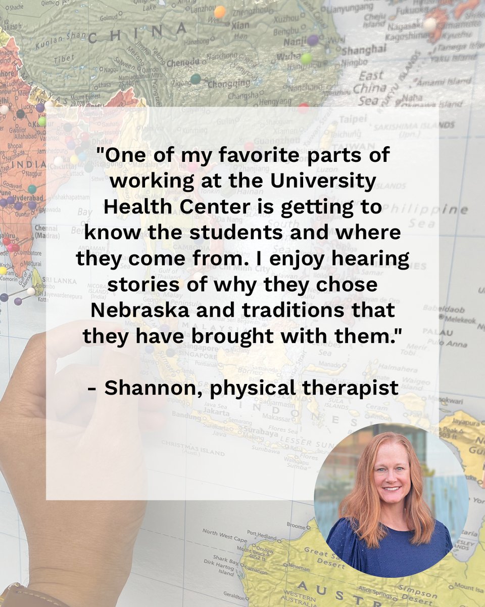 UNLHealthCenter's tweet image. The University Health Center's physical therapy team has a map in their space filled with pins to show where each patient is from. Swipe to learn about our physical therapy team’s favorite parts about working with students at UNL.