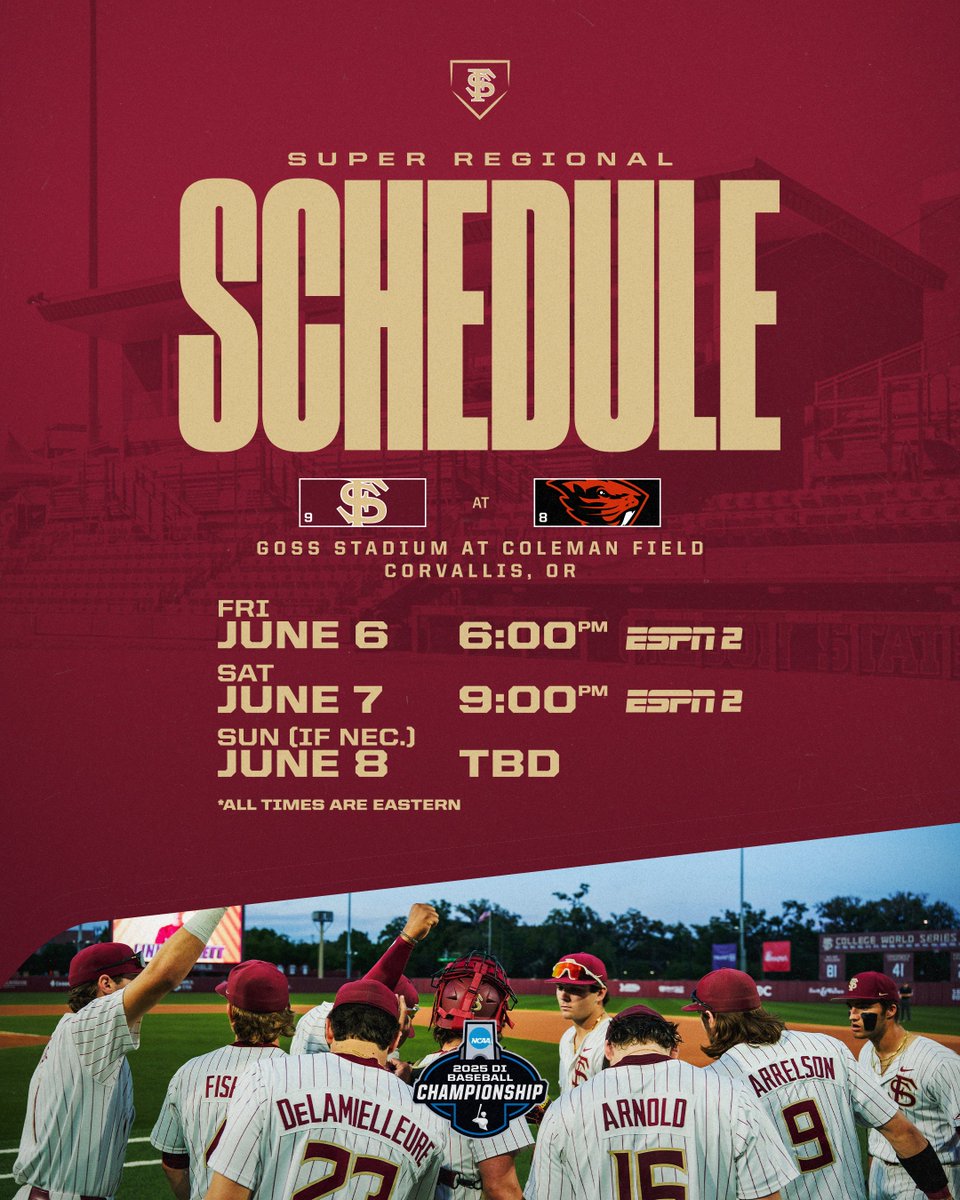 The Super Regional schedule is set!

Florida State and Oregon State will meet in Corvallis from June 6-8 on ESPN2.

#RoadToOmaha