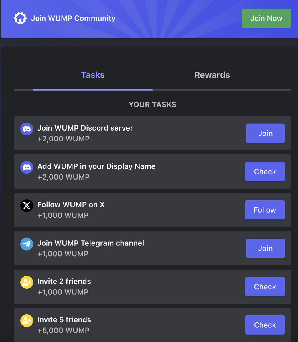 【綁定DC查 $WUMP 空投】

立即查自己有多少：wump.xyz/join?ref=85655…

看了一下，連剛註冊5個月的DC帳號也有空投，基本上是人人有獎～

☑️ 如果你有買Nitro還可以加1,000 $WUMP
☑️ 登進去之後再完成一些小任務還可以+ $WUMP
