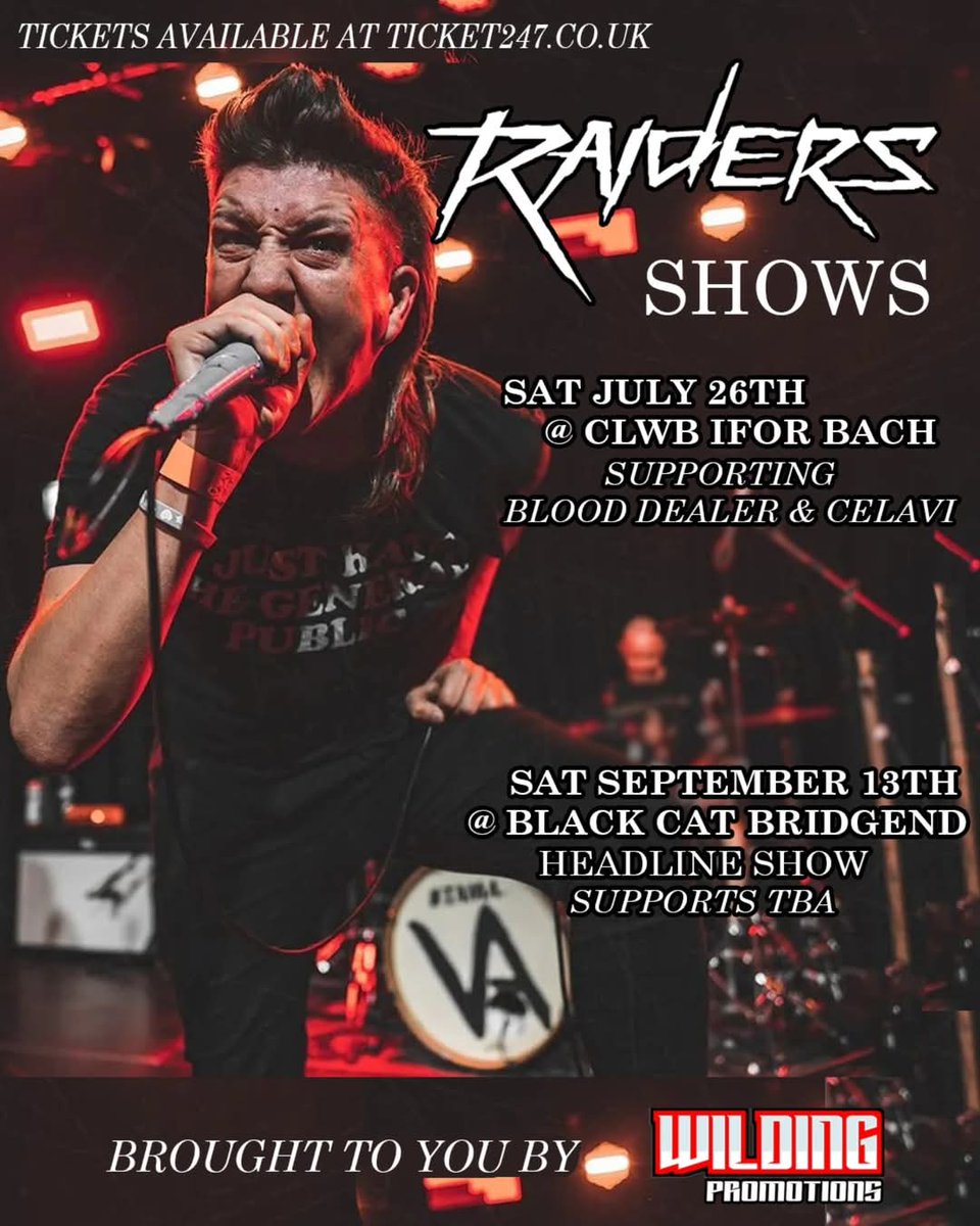 Do NOT miss <a href="/raidersbanduk/">Raiders</a> brought to you by #WildingPromotions playing both #Cardiff &amp; #Bridgend in #July &amp; #September 🏴󠁧󠁢󠁷󠁬󠁳󠁿

🎟 Are available NOW via ▪︎ facebook.com/share/p/16J3Ss…

<a href="/ClwbIforBach/">Clwb Ifor Bach</a> ☆ #Blackcatbridgend
