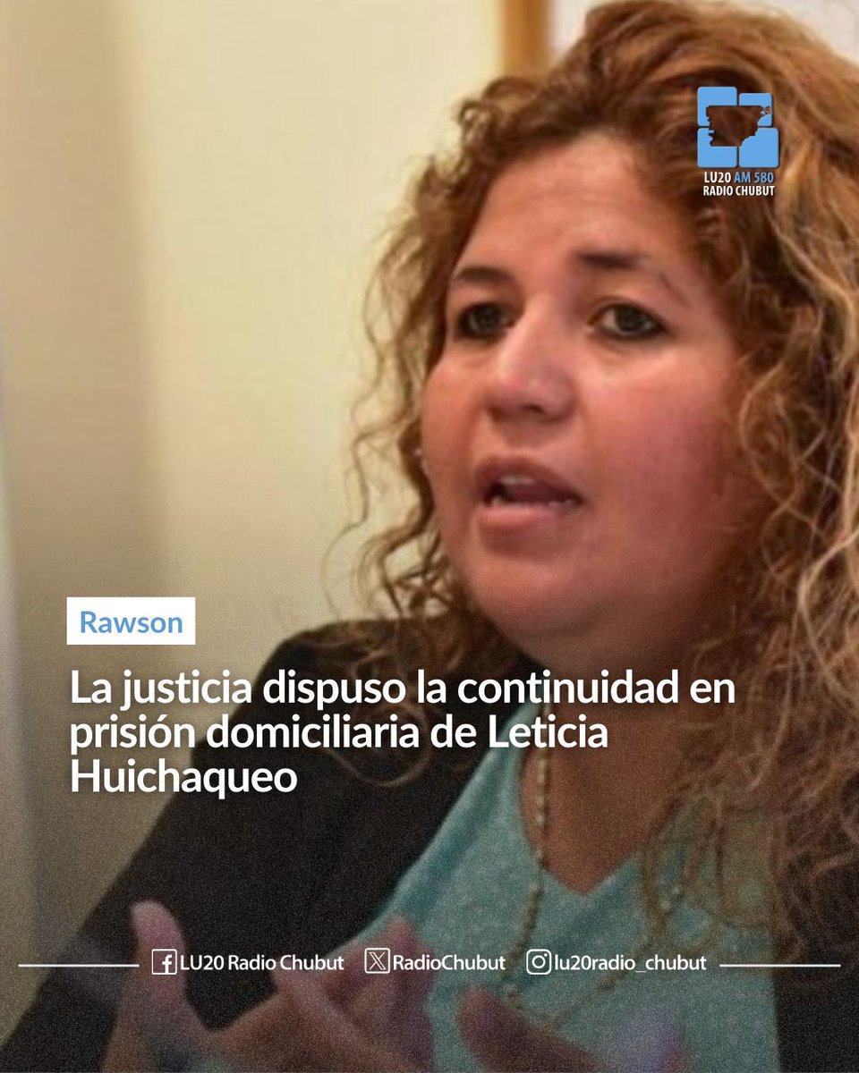 #Chubut ⚖️  La justicia dispuso la continuidad en prisión domiciliaria de Leticia Huichaqueo

La ex funcionaria provincial cumple una condena de cuatro años y ocho meses, más inhabilitación perpetua para ocupar cargos públicos.

radiochubut.com/la-justicia-di…
