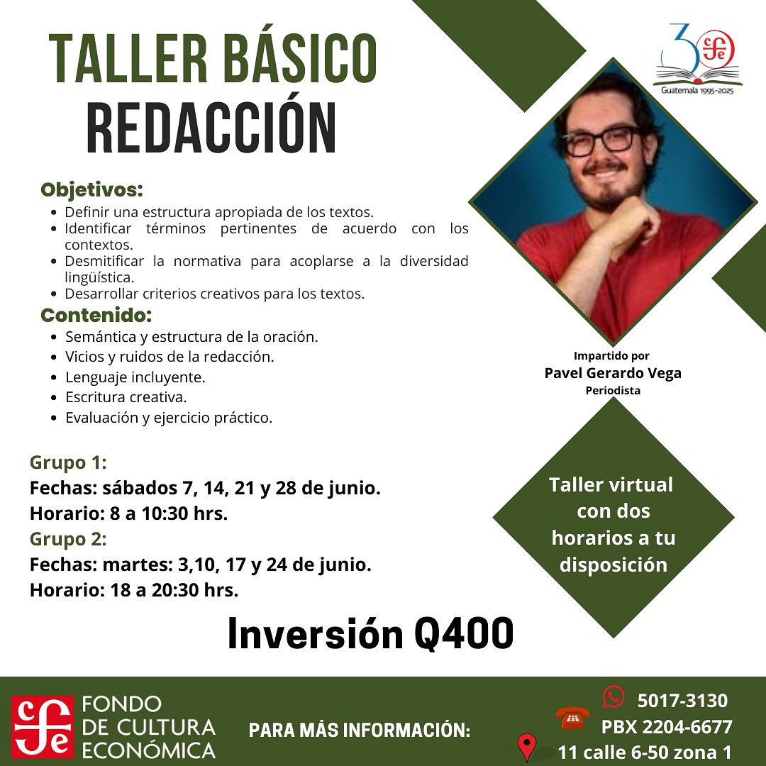 Hoy comenzamos este taller que me da mucha satisfacción impartir. Todavía hay espacio para inscribirse los martes y los sábados de junio. Sólo son Q400 bien invertidos. Les espero.