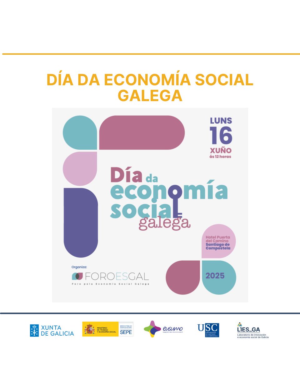 🗓️ O 16 de xuño celébrase en Santiago o Día da Economía Social Galega, organizado por <a href="/foroesgal/">foroesgal</a> . Un espazo para reflexionar sobre retos e oportunidades do sector xunto a entidades como Agaca, Aeiga, Aesgal, Cegasal e EspazoCoop. #EconomíaSocialGalega