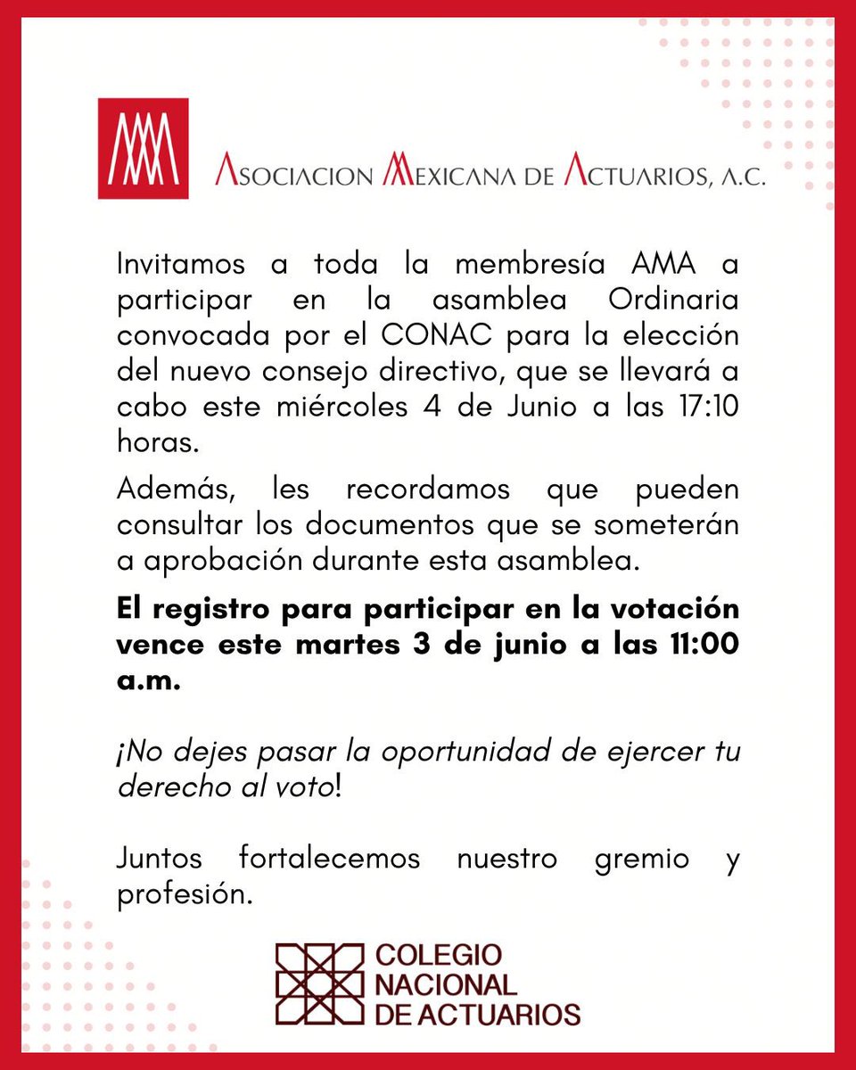 🗳️ ¡Participa en la Asamblea Ordinaria convocada por el CONAC!  
Este miércoles 4 de junio a las 17:10 hrs se elegirá al nuevo consejo directivo.  
📌 Recuerda que, el registro para votar cierra *HOY* a las 11:00 a.m
Anticípate y no te quedes fuera
🔗goo.su/94XUED
