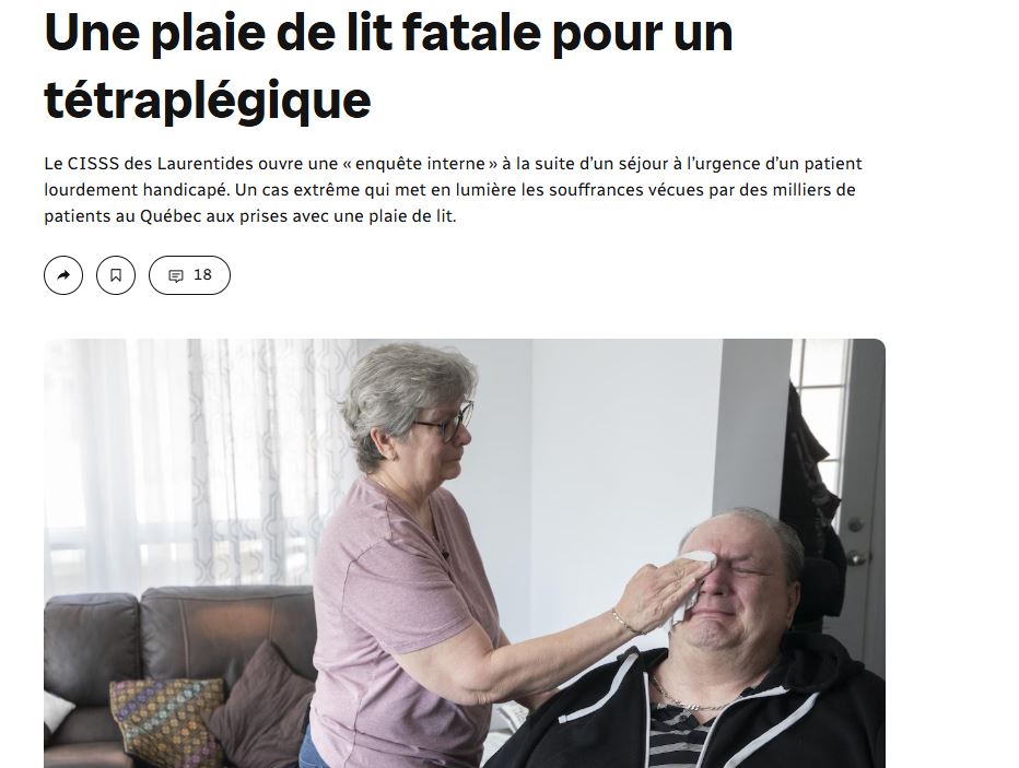 MERCI !
Prix argent de l'Association Canadienne des journalistes pour nos reportages sur la tragédie vécue par Normand Meunier.
Le colosse handicapé a reçu l'Aide médicale à mourir après avoir contracté une plaie de lit à l'urgence de l'Hôpital de St-Jérôme.