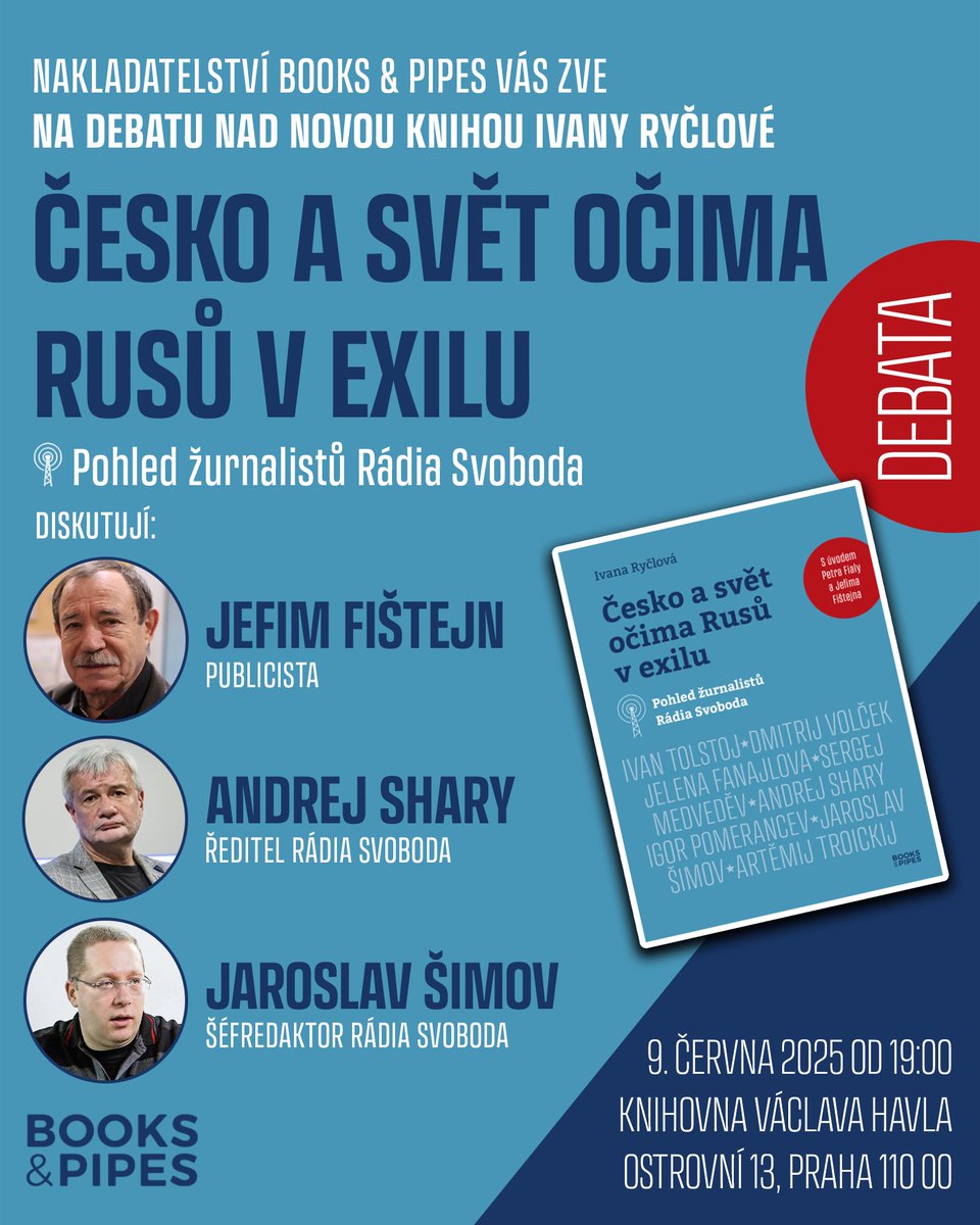 Jak vidí Česko a svět ruští novináři v exilu?

🗓️ Přijďte 9. 6. od 19:00 na debatu nad novou knihou Ivany Ryčlové Česko a svět očima Rusů v exilu do <a href="/KnihovnaVH/">KnihovnaVáclavaHavla</a> (📍Ostrovní 13, Praha).

🎙️ Diskutují: Jefim Fištejn, Andrej Shary, Jaroslav Šimov