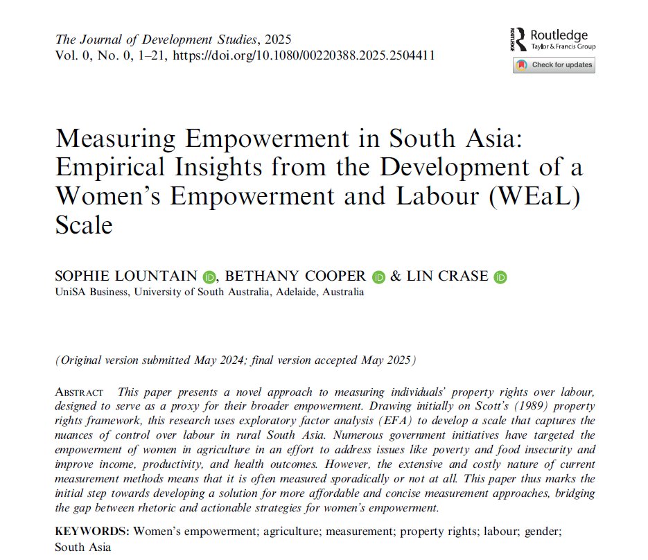 JDevStudies's tweet image. 🔍 New in @JDevStudies!
How can we better assess women's 👩🏻empowerment in agriculture?
The WEaL Scale offers a fresh, cost-effective tool rooted in property rights to measure control over labor in South Asia.
Read more 👉🏽: doi.org/10.1080/002203…
@UniversitySA