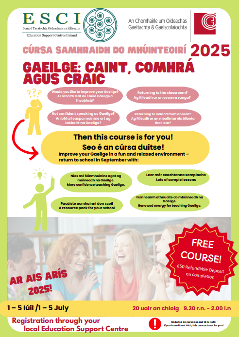 Cork Education Support Centre (@cork_cesc) on Twitter photo Teachers, want to improve your Gaeilge in a supportive & fun environment? Join our FREE Cúrsa Samhraidh this July! Gain new skills, resources & confidence.
Register now through your local Education Support Centre!
@ESCITweets <a href="/CoggOid/">COGG Oideachas</a> #caint_comhra_craic #Gaeilge #IrishEducation Teachers, want to improve your Gaeilge in a supportive & fun environment? Join our FREE Cúrsa Samhraidh this July! Gain new skills, resources & confidence.
Register now through your local Education Support Centre!
@ESCITweets <a href="/CoggOid/">COGG Oideachas</a> #caint_comhra_craic #Gaeilge #IrishEducation