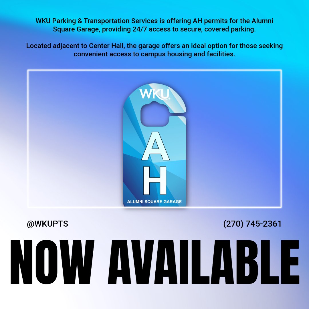 Check out the AH Permit for the Alumni Square Garage!

✅ 24/7 access
✅ Covered parking
✅ Located right next to Center Hall

wkuparking.t2hosted.com/Account/Portal