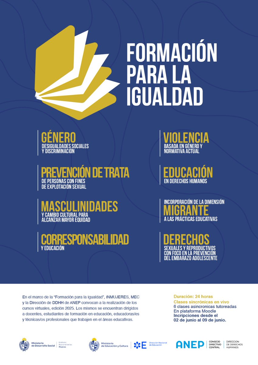 cfe_anep's tweet photo. 📚 Cursos: Formación para la Igualdad - Edición 2025  @inmujeres_uy  @educacion_mec  @ANEP_Uruguay @ddhhcodicenanep  

👥 Destinatarias/os: docentes, estudiantes de formación en educación, educadores/as y técnicas/os 

📆 Inscripciones: del 3 al 6/6 https://t.co/1KvTcCBOsK https://t.co/po3obOKPte