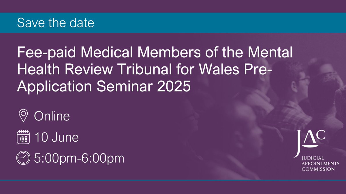 📢 Save the date 
⚖ Fee-paid Medical Members of the Mental Health Review Tribunal for Wales Pre-Application Seminar 2025
📅 10 June, 5pm-6pm
📍 Online 
Details and registration 👇
judicialcareers.judiciary.uk/civicrm/event/…