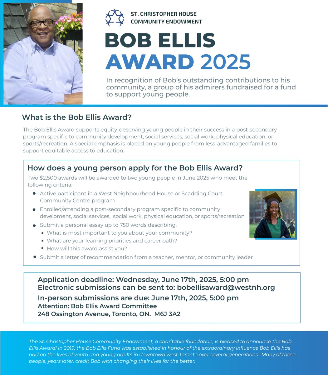 Scadding Court Community Centre (@scadding_court) on Twitter photo Bob Ellis Award 2025 from The St. Christopher House Community Endowment.
Application deadline: Wednesday, June 17th, 2025, 5:00 pm. Electronic submissions can be sent to: bobellisaward@westnh.org. Bob Ellis Award 2025 from The St. Christopher House Community Endowment.
Application deadline: Wednesday, June 17th, 2025, 5:00 pm. Electronic submissions can be sent to: bobellisaward@westnh.org.