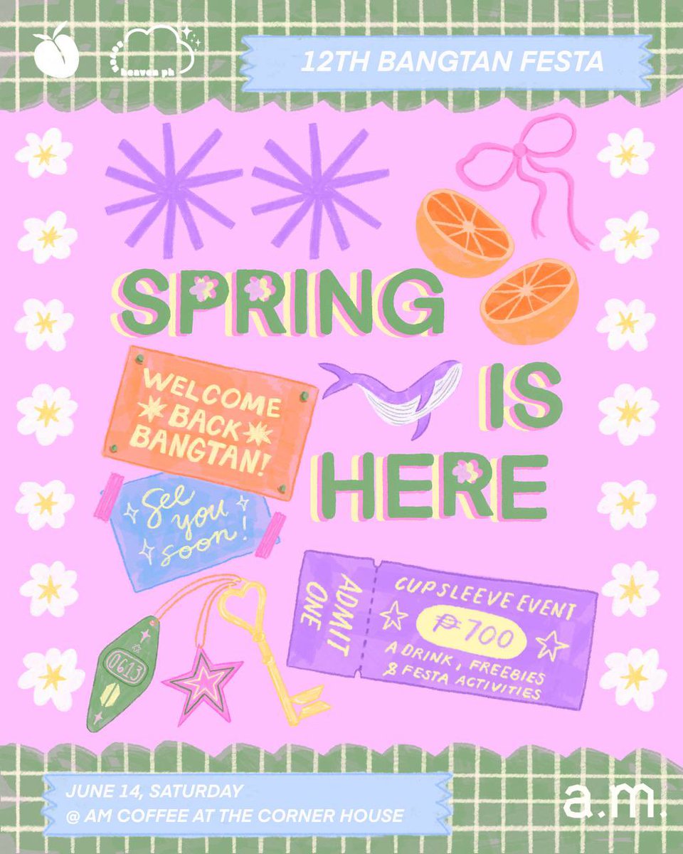 7HeavenPH's tweet photo. 🌸 Happy BTS Month, ARMY! 💜✨

Spring is here and we’re ready to celebrate it in full bloom with you. 

Join us on June 14, 2025 at A.M. Espresso in Corner House!
💜 certified ARMY merchants
🎨 Crafty activities
💿 BTS beats by DJ P
🖋️ Guest tattoo artist, Inkling PH

See you! https://t.co/xAW9zv4Chi