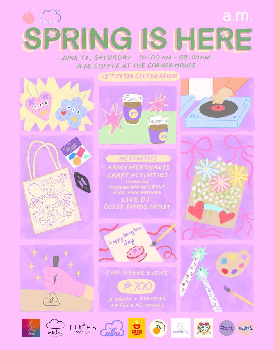 7HeavenPH's tweet photo. 🌸 Happy BTS Month, ARMY! 💜✨

Spring is here and we’re ready to celebrate it in full bloom with you. 

Join us on June 14, 2025 at A.M. Espresso in Corner House!
💜 certified ARMY merchants
🎨 Crafty activities
💿 BTS beats by DJ P
🖋️ Guest tattoo artist, Inkling PH

See you! https://t.co/xAW9zv4Chi