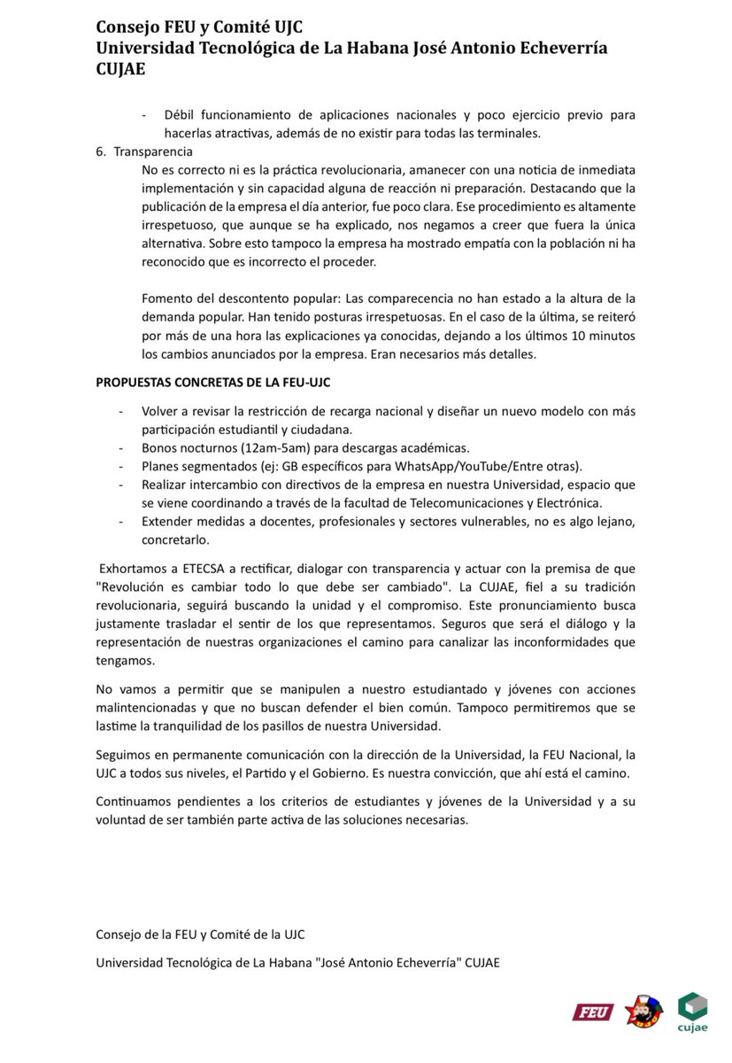 ⚠️⚠️La CUJAE se pronuncia en contra de las medidas anunciadas ayer en la Mesa Redonda tras el tarifazo telefónico de ETECSA… según un documento publicado por la FEU-UJC consideran una falta de respeto la forma en la que se ha comunicado y demandan soluciones.
#NoAlTarifazo