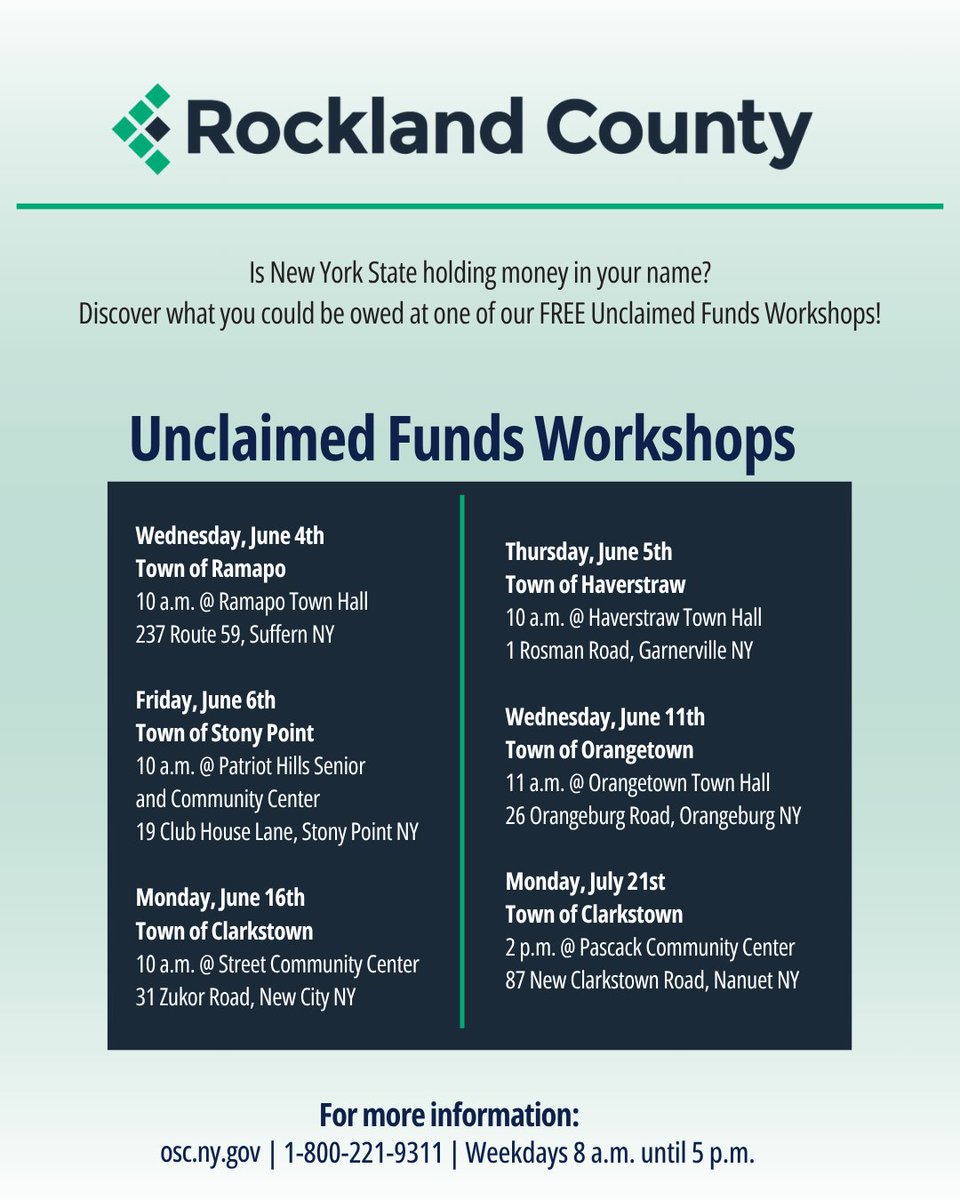 Does NYS have money in your name? 

The County will host a series of Unclaimed Funds Workshops for residents in each town. Free to attend, easy to check, and the money could be yours.