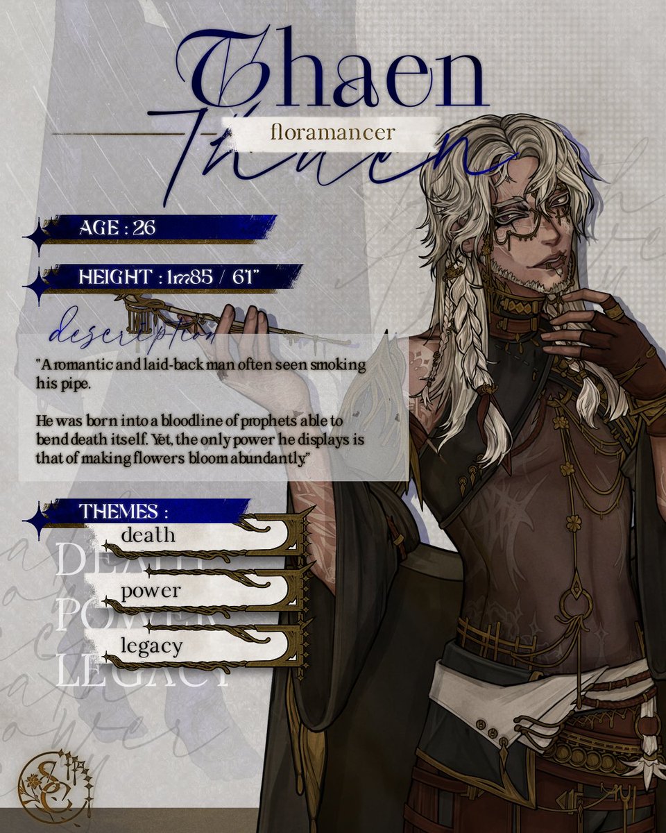 peachlilystudio's tweet image. “A romantic and laid-back man often seen smoking his pipe.
He was born into a bloodline of prophets able to bend death itself. Yet, the only power he displays is that of making flowers bloom abundantly.” 🥀
Learn more about Thaen, Floramancer, here. ❤️
#Otome #VisualNovel