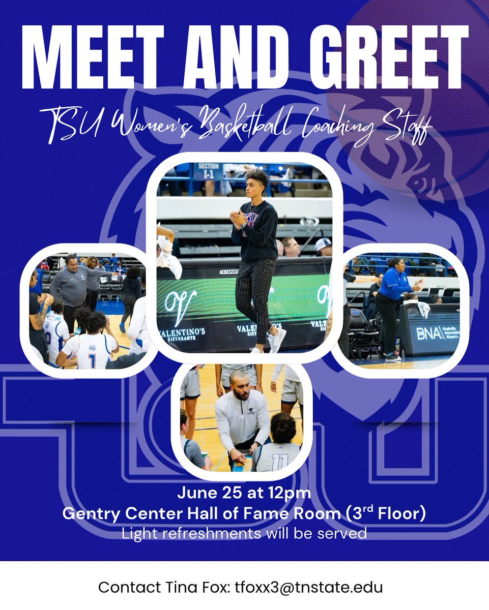 You're Invited: TSU Women’s Basketball Coaches Meet &amp; Greet 🏀
We warmly invite you to join us for a great opportunity to connect, build relationships, and welcome new faces to the team.
🗓️Wednesday June 25
⏰12:00pm
📍Hall of Fame room, 3rd floor Gentry Center